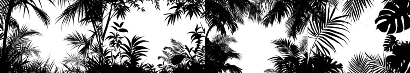 A collection of black tropical palm leaves drawn by hand, depicted as black silhouettes on a white background, available in modern format.