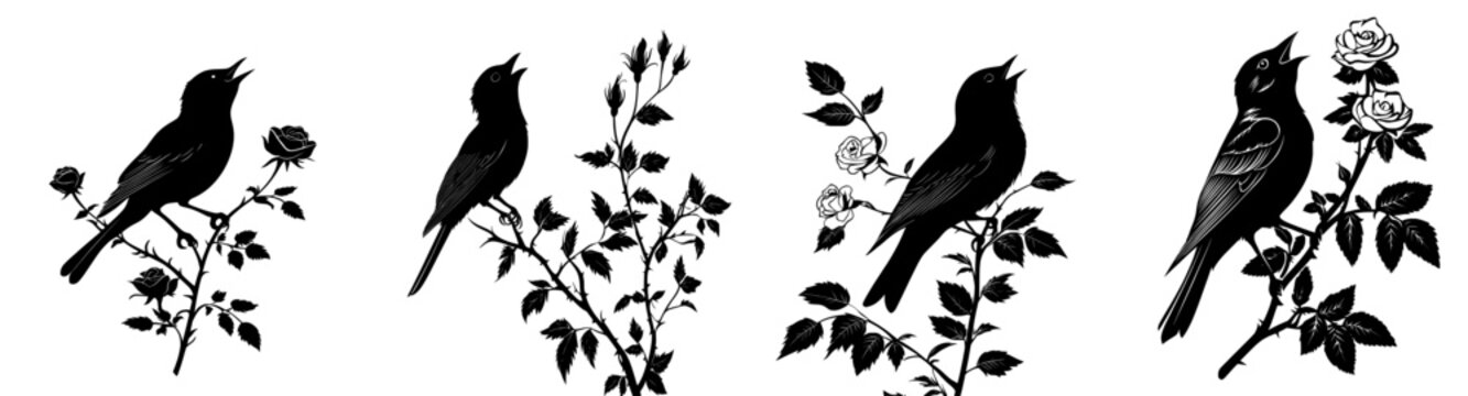 Contemporary black silhouette of a nightingale and a flower.