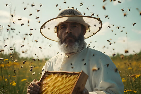 Happy beekeeper with honeycomb frame surrounded by bees in field