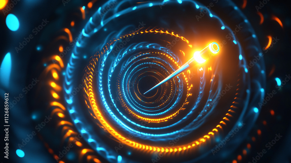 Poster glowing wave patterns spiraling around a stylized tuning fork, symbolizing frequency calibration and