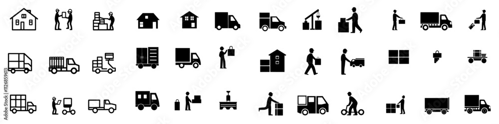 Poster a set of icons depicting moving and relocation. the process of leaving home for a new residence, inc