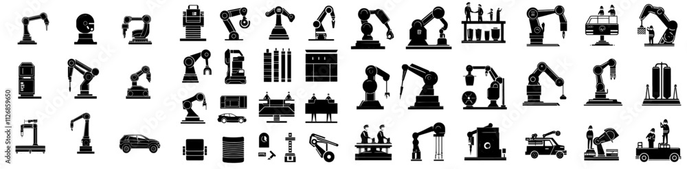 Poster Collection of production line and factory icons. Includes robotics and hydraulic robots, industrial work, and conveyor belts. Monochrome black and white design.
