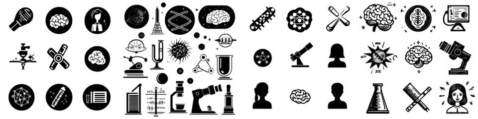 Obraz premium A set of science icons. Disciplines that explore the structure of the world, studied in school or university. Monochrome black and white design.