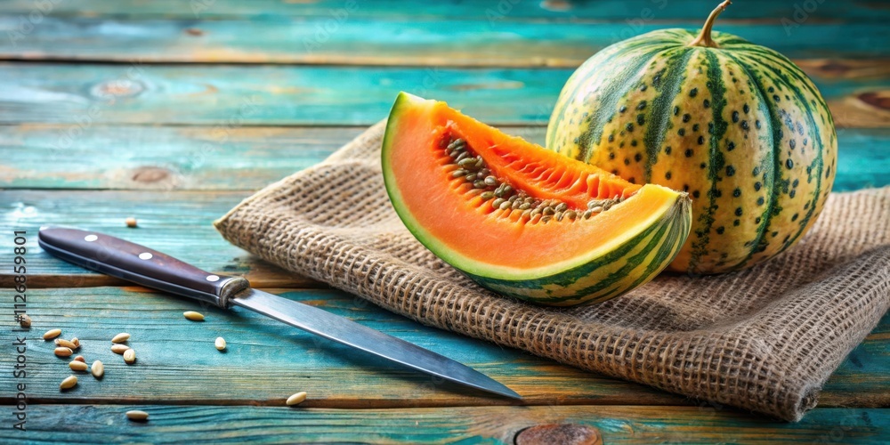 Poster a slice of melon resting on burlap fabric, beside a whole melon and a knife on a rustic wooden table