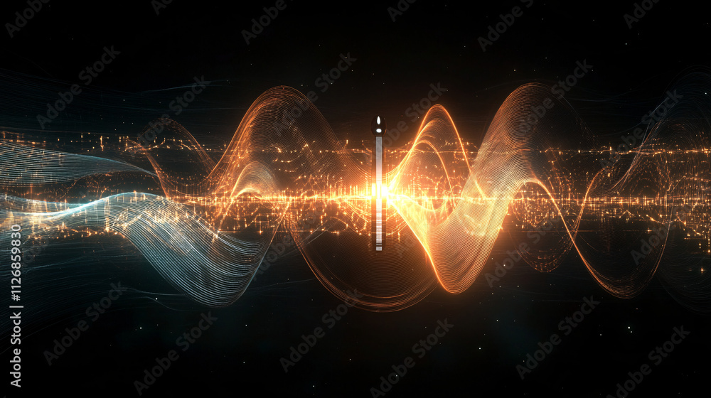 Poster glowing wave patterns spiraling around a stylized tuning fork, symbolizing frequency calibration and