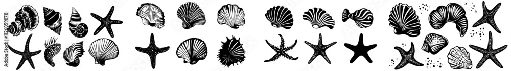 Poster modern seashell silhouettes set. isolated background illustration featuring sea shells. scallop and 