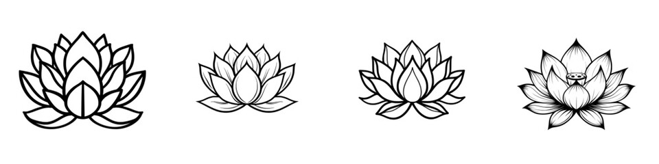 A modern contour illustration of a black lotus flower, isolated on a white background, suitable for packaging, corporate identity, labels, postcards, and invitations.
