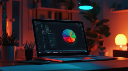 A Colorful Graphic Design Application Open on a Laptop in a Stylish and Cozy Workspace with Warm Ambient Lighting and Indoor Plants at Night