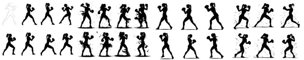 Obraz premium A set of female boxer silhouettes in various poses and gestures, isolated on a white background, featuring a modern illustration style.