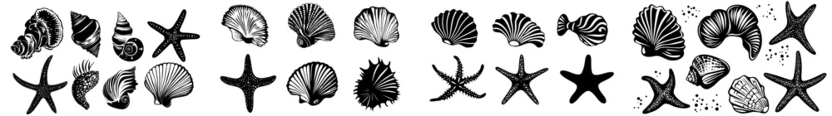 Modern seashell silhouettes set. Isolated background illustration featuring sea shells. Scallop and starfish drawing. Cockleshell inked in black for icon or logo. Underwater etching.