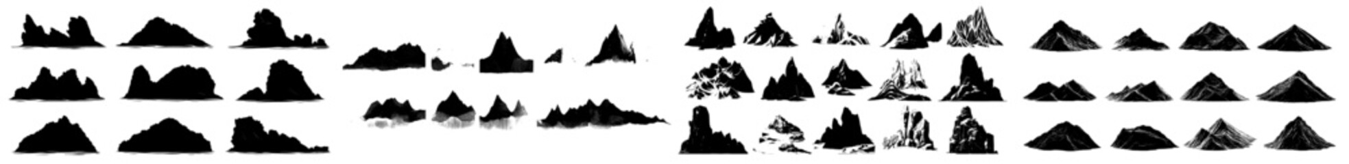 Silhouettes of black mountains, hills, and rocks form a rugged landscape. A modern range of hills stands isolated, featuring monochrome ridges. The Alps, with their summit peaks, offer adventure