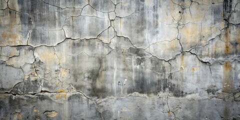 Fototapeta premium A weathered concrete wall with a network of cracks, revealing the underlying layers of stone and age.