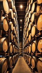 wine barrels in a warehouse