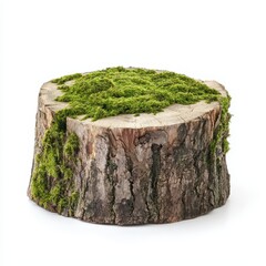 A moss-covered tree stump, showcasing a natural, earthy texture with vibrant green moss on top, ideal for rustic decor or outdoor themes.