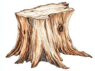 A detailed illustration of a tree stump showcasing its textured bark and flat top, representing nature's remnants and wooden materials.