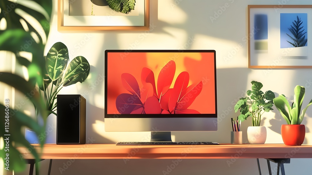 Poster sunlit workspace with computer and plants