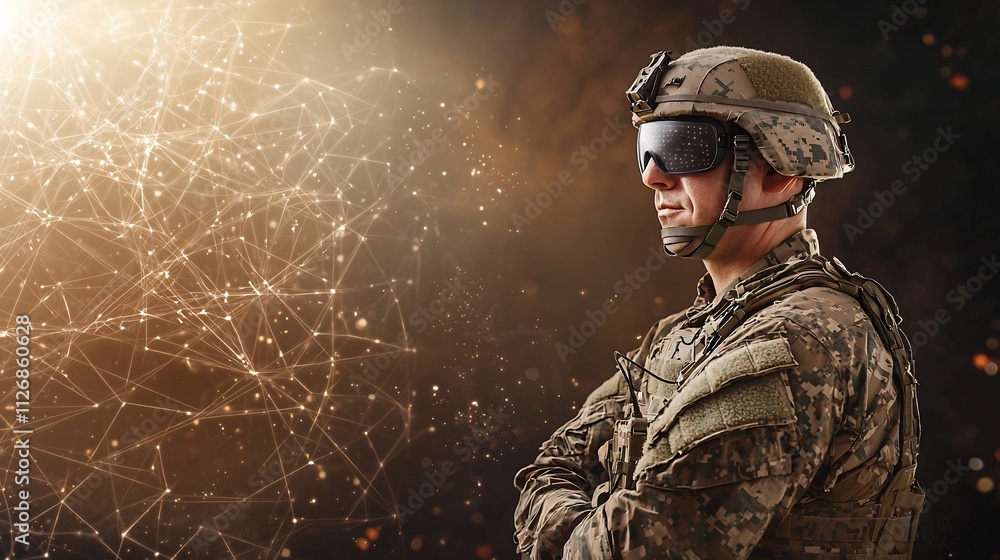 Aufkleber photograph of a soldier wearing advanced augmented reality goggles that display tactical data and ho