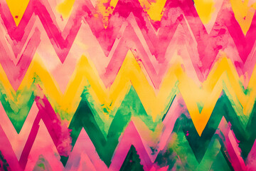 A vibrant background with layers of sharp, colorful zigzag patterns in pink, green, and yellow, radiating energy.