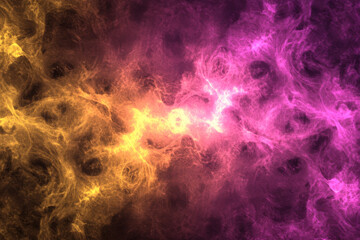 Obraz premium A glowing color smoke background of vivid magenta and yellow clouds spreading across a dark, textured base.