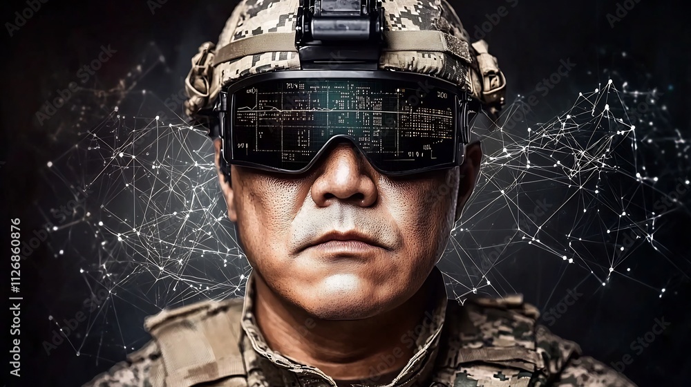 Poster a futuristic soldier wearing advanced augmented reality goggles showcasing a high tech tactical disp