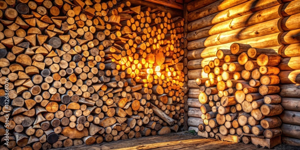 Poster A Stack of Round Logs Bathed in Warm Light, Creating a Pattern of Natural Geometry