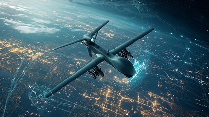 Naklejka premium Photograph of a military grade drone flying over a desert landscape equipped with advanced holographic targeting systems and network connections