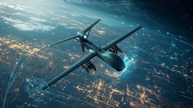 Photograph of a military grade drone flying over a desert landscape equipped with advanced holographic targeting systems and network connections