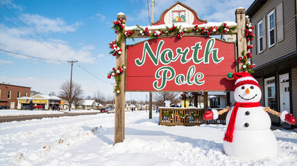Charming North Pole sign with snowy village backdrop