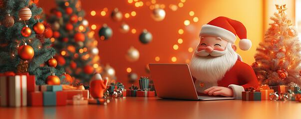 Santa Claus typing on a laptop in a festive office filled with holiday