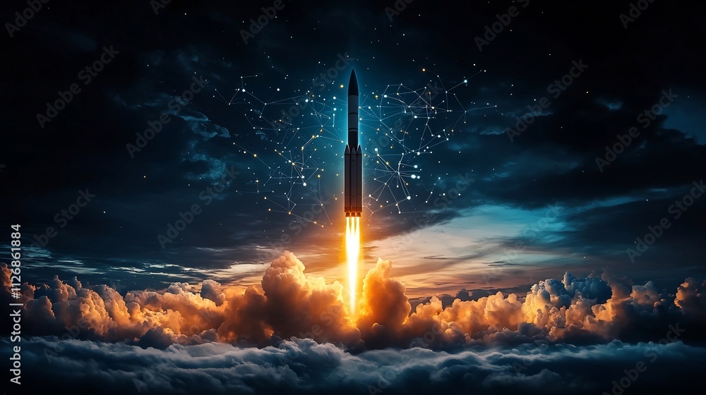 Poster futuristic image of a missile defense system seamlessly integrated into a digital network represente