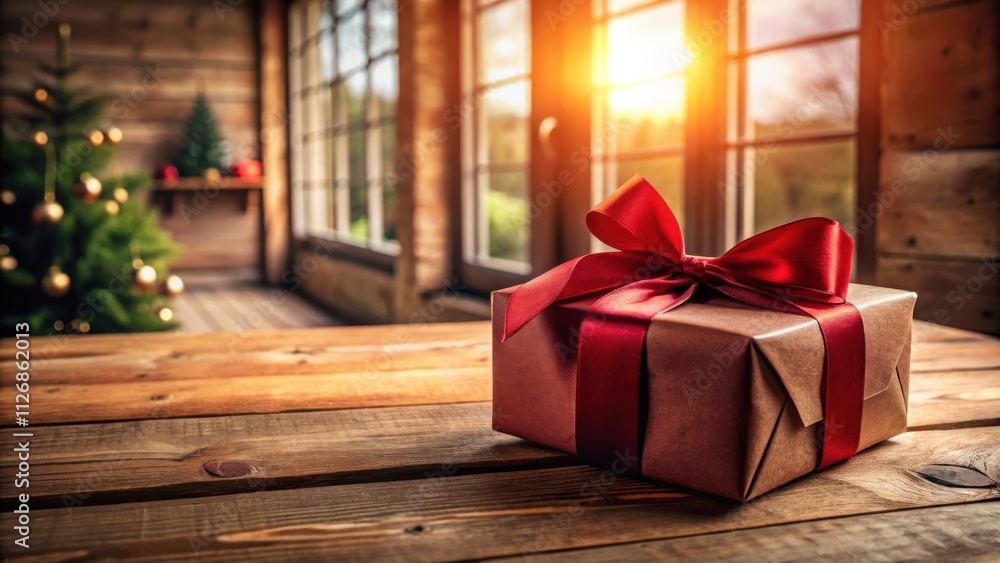 Poster A rustic wooden table with a single gift box tied with a red bow, set against a backdrop of a sunlit window and a blurred Christmas tree.