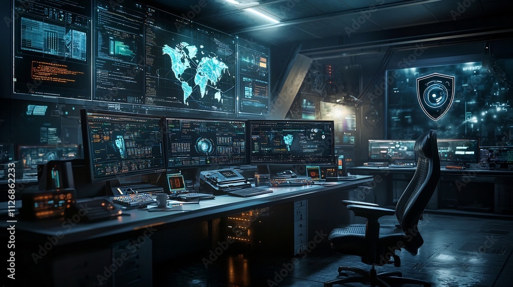 Poster cyber defense command center with glowing network diagrams holographic shields and copy space for cy