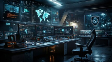 Obraz premium Cyber Defense Command Center with Glowing Network Diagrams Holographic Shields and Copy Space for Cybersecurity Monitoring and
