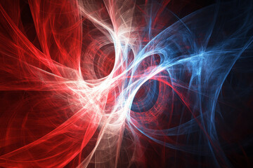 An abstract digital background of radiant beams of light in red, blue, and white, forming a high-energy design.