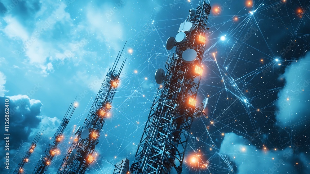 Poster interconnected radar towers visualized with glowing network lines set against a cloudy sky and leavi
