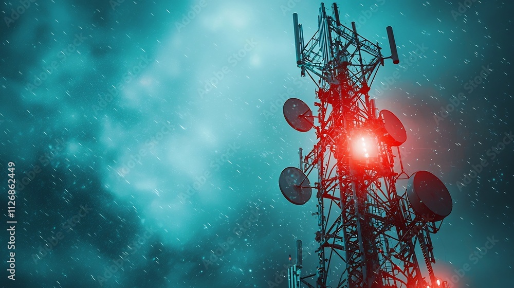 Poster interconnected radar towers visualized with glowing network lines set against a cloudy sky and leavi