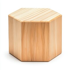 A hexagonal wooden block with a smooth surface, showcasing a natural wood grain pattern and a minimalist design aesthetic.