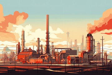 Horizontal stylized illustration industrial part of city with factories at sunset.

