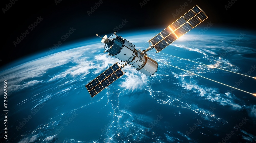 Poster satellite in orbit linked to worldwide military communication network with glowing lines wrapping ar