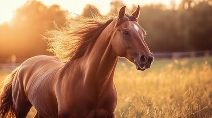 Obraz premium Horse running with vibrant mane, dynamic energy, soft lighting, outdoor scene