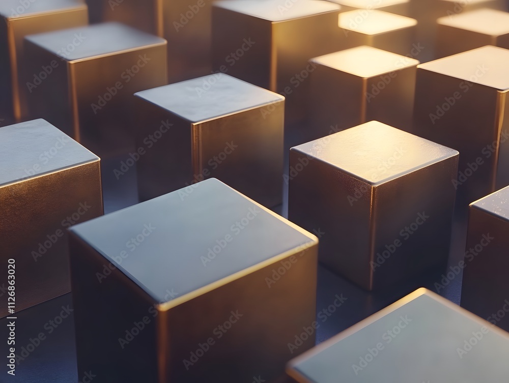 Poster a collection of metallic cubes arranged in a grid, reflecting light.