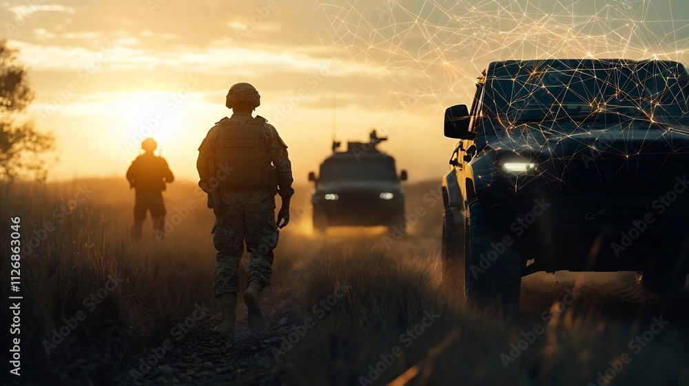 Poster a photograph of a battlefield simulation with holographic soldiers and vehicles overlaid with tactic
