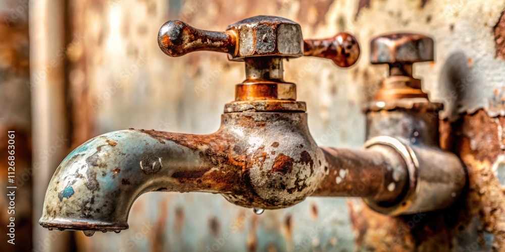 Poster a rusty faucet dripping with water, a symbol of time's passage and the importance of preservation