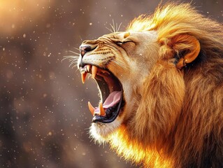 Fototapeta premium Lion roaring with vibrant mane, dynamic energy, soft glow, majestic scene