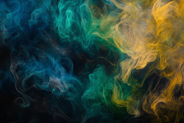 Obraz premium A surreal color smoke background with intertwined trails of green, gold, and blue, glowing faintly in the dark.