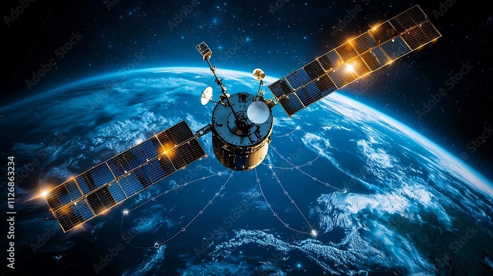 Poster satellite in orbital view connecting to a global military communication and intelligence network rep