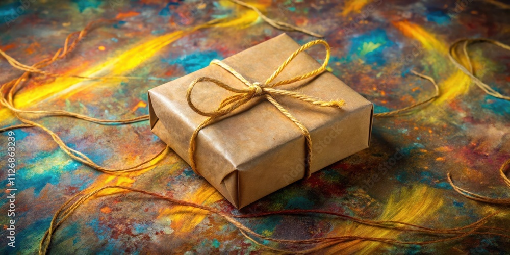 Poster a rustic brown gift box tied with twine, resting on a textured surface with abstract brushstrokes in