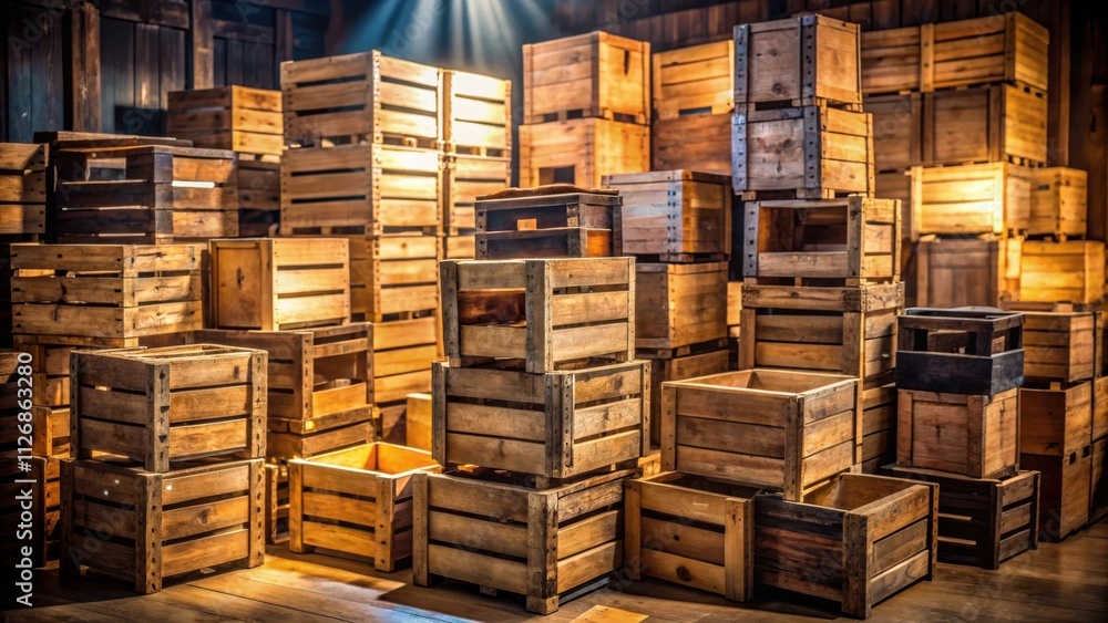 Poster A Stack of Wooden Crates Bathed in Warm Light, Creating a Rustic and Vintage Atmosphere