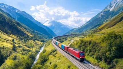 Freight train journey through majestic mountains switzerland scenic landscape photography daytime nature's beauty