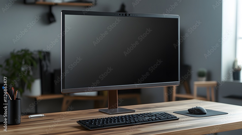 Poster modern desktop computer setup with accessories
